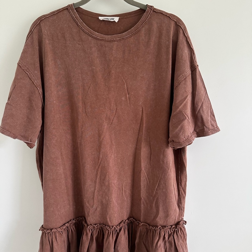 Double Zero Washed Brown Short Sleeve Peplum Tunic, long fit